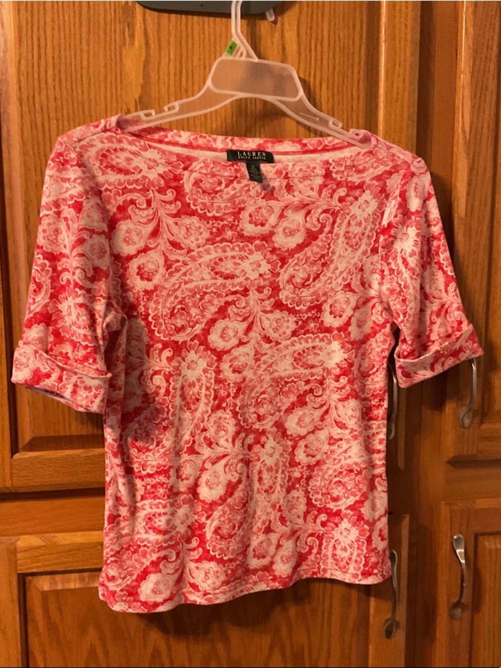Lauren Ralph Lauren Pink Paisley Boatneck Short Sleeve Top size medium